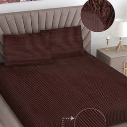 FABINALIV Coffee Brown Striped 300 TC King Size Fitted Double Bedsheet & 2 Pillow Covers-image-52