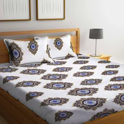 Arrabi White & Blue Ethnic Motifs 300 TC King Bedsheet with 2 Pillow Covers-image-33