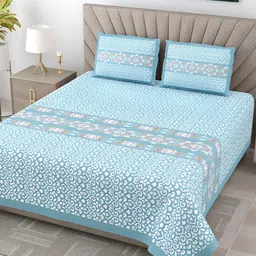 JAIPUR FABRIC Blue & White Floral 300 TC King Bedsheet with 2 Pillow Covers-image-12