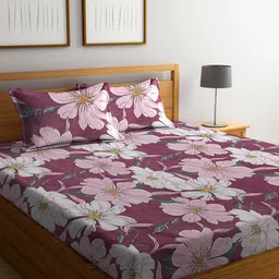 FABINALIV Magenta & White Printed 300 TC Fitted Double King Bedsheet With 2 Pillow Covers-image-35