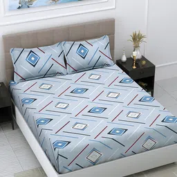 FABINALIV Blue & White Geometric 300 TC King Bedsheet With 2 Pillow Covers-image-91