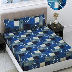 FABINALIV Blue & White Geometric 300 TC Fitted Super King Bedsheet with 2 Pillow Covers-image-41