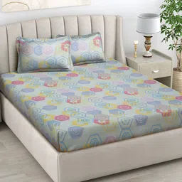 FABINALIV Green & Blue Geometric 300 TC Fitted King Bedsheet With 2 Pillow Covers-image-86