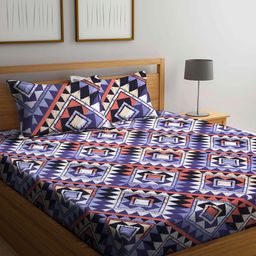 Arrabi Lavender & Blue Geometric 300 TC King Bedsheet with 2 Pillow Covers-image-30