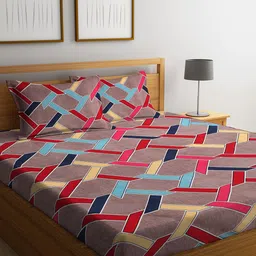 HOSTA HOMES Brown & Red Geometric 300 TC King Bedsheet with 2 Pillow Covers-image-35