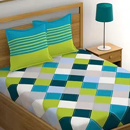 Runjhun Blue & Yellow Geometric Pure Cotton 180 TC Queen Bedsheet With 2 Pillow Covers-image-31