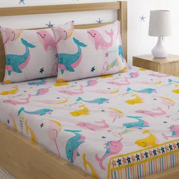 HOSTA HOMES Kids Multicolored 210 TC Queen Bedsheet with 2 Pillow Covers-24