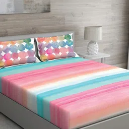 GM Pink & Multicoloured Striped 150 TC Queen Bedsheet with 2 Pillow Covers-image-6