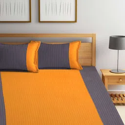 DECOREALM Yellow & Grey Striped 300 TC Queen Bedsheet with 2 Pillow Covers-picture-34