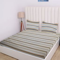 RD TREND Beige & White Striped 210 TC Cotton King Fitted Bedsheet With 2 Pillow Covers-image-66