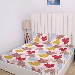 RD TREND Cream & Red Floral Cotton 210 TC Fitted King Bedsheet With 2 Pillow Covers-image-28