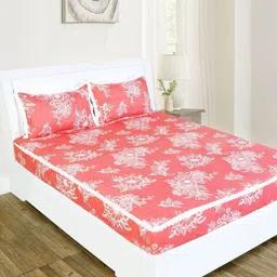 RD TREND Peach & White Floral 210 TC Cotton Fitted King Bedsheet & 2 Pillow Covers-image-89