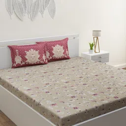 HOME AFFAIRS Brown & White Floral Cotton 210 TC King Bedsheet With 2 Pillow Covers-image-57