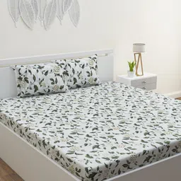 HOME AFFAIRS White & Green Floral Printed 210 TC Cotton King Bedsheet & 2 Pillow Covers-image-51