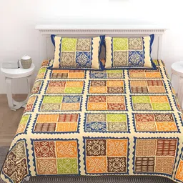 JAIPUR PRIME ajarak Mustard Geometric 210 TC Cotton King Bedsheet with 2 Pillow Covers-image-53