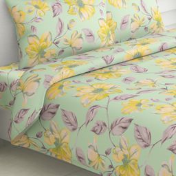 haus & kinder Yellow & Green Floral Pure Cotton 120 TC King Bedsheet With 2 Pillow Covers-image-88