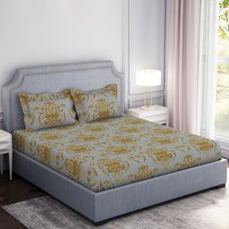 Welspun Adore Grey & Yellow Geometric Microfiber 104 TC Queen Bedsheet & 2 Pillow Covers-image-5