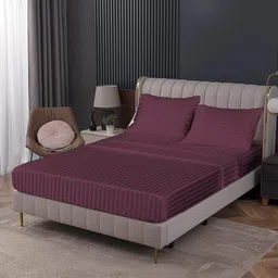 Cloth Fusion Burgundy Striped Cotton 144 TC Fitted Single Bedsheet with 1 Pillow Cover-image-47