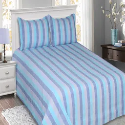 SHADES of LIFE Blue & Grey Striped 250 TC King Bedsheet with 2 Pillow Covers-image-63
