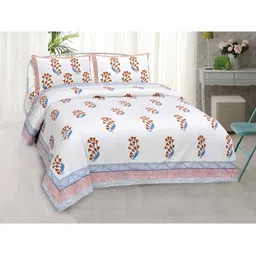 BED-SHEET.COM White & Blue Floral 250 TC Cotton King Bedsheet with 2 Pillow Covers-image-10