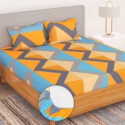 Bedspun Mustard & Blue Geometric Microfiber 180 TC King Bedsheet With 2 Pillow Covers-image-78