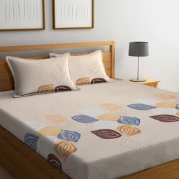 Arrabi Cream-Coloured & Grey Printed 300 TC King Bedsheet With 2 Pillow Covers-image-94