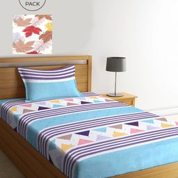 KLOTTHE White & Blue Set Of 2 Floral 210 TC Single Bedsheet with 2 Pillow Covers-36