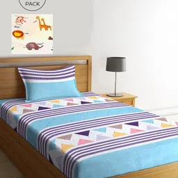 KLOTTHE Blue Striped 210 TC Cotton 2 Single Bedsheet with 2 Pillow Cover-53
