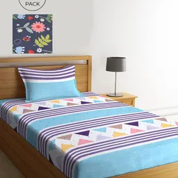 KLOTTHE Set of 2 Blue & Navy Blue Geometric 210 TC Single Bedsheets with 2 Pillow Covers-57