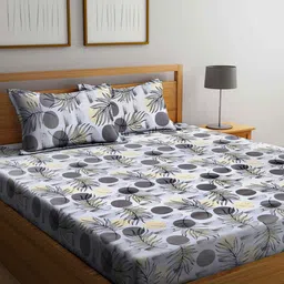 Arrabi Grey & Beige Floral 300 TC King Cotton Bedsheet with 2 Pillow Covers-image-18