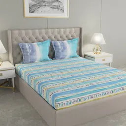GM Blue & Yellow Abstract 144 TC Cotton 1 Super Queen Bedsheet with 2 Pillow Covers-picture-30