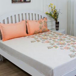 GM White & Orange Floral 144 TC Cotton 1 Queen Bedsheet with 2 Pillow Covers-image-96