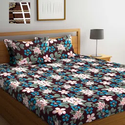 Arrabi Brown & Pink Floral 300 TC 2 King-Size Bedsheet with 4 Pillow Covers-image-12