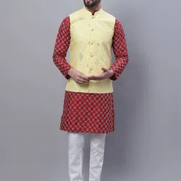 SOJANYA Embroidered Mandarin Collar Kurta with Pyjamas & Nahru Jacket-picture-3