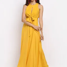 ewoke Yellow Tencel Front Cut Out Tie Up Basic Jumpsuit-image-51