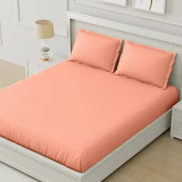 Hammer Home Peach-Coloured Striped 200 TC Flat King Bedsheet with 2 Pillow Covers-image-36