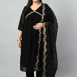 PrettyPlus by Desinoor.com Plus Size Mirror Work A-Line Kurta & Trousers With Dupatta-picture-5