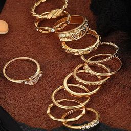 Pinapes Set Of 12 Gold-Plated Textured Stone-Studded Gold Rings-46