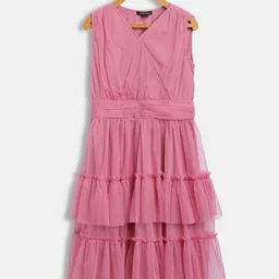 Antheaa Pink Tiered Net Dress-image-7
