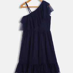 Antheaa Navy Blue One Shoulder Net Dress-image-1