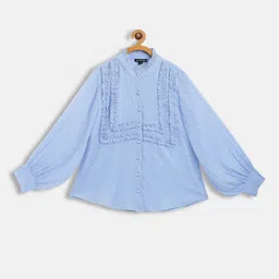 Antheaa Blue Mandarin Collar Ruffles Smocked Chiffon Shirt Style Top-34