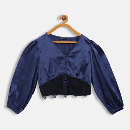 Antheaa Navy Blue Smocked Laced Satin Crop Top-picture-42