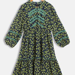 Antheaa Navy Blue & Yellow Floral Chiffon Dress-image-32