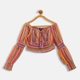 Antheaa Multicoloured Striped Bishop Sleeves Smocked Chiffon Crop Top-12