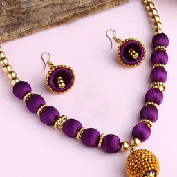 AKSHARA Gold-Plated & Purple Stone-Studded & Beaded Wooden Balls Silk Thread Jewellery Set-image-98