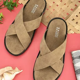 HERE&NOW Men Camel Brown & Black Cross Strap Comfort Sandals-picture-1