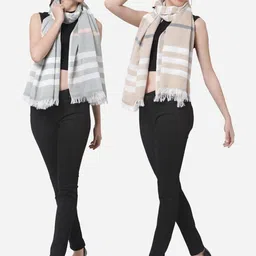 Arrabi Women Pack of 2 Grey & White Striped Cotton Stole-12