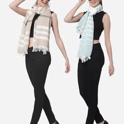 Arrabi Women Pack of 2 Beige & Blue Striped Cotton Stoles-image-98