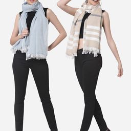 Arrabi Women Pack of 2 Blue & Beige Cotton Stoles-24