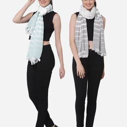 Arrabi Set Of 2 Women Blue & Grey Striped Cotton Stole-image-88